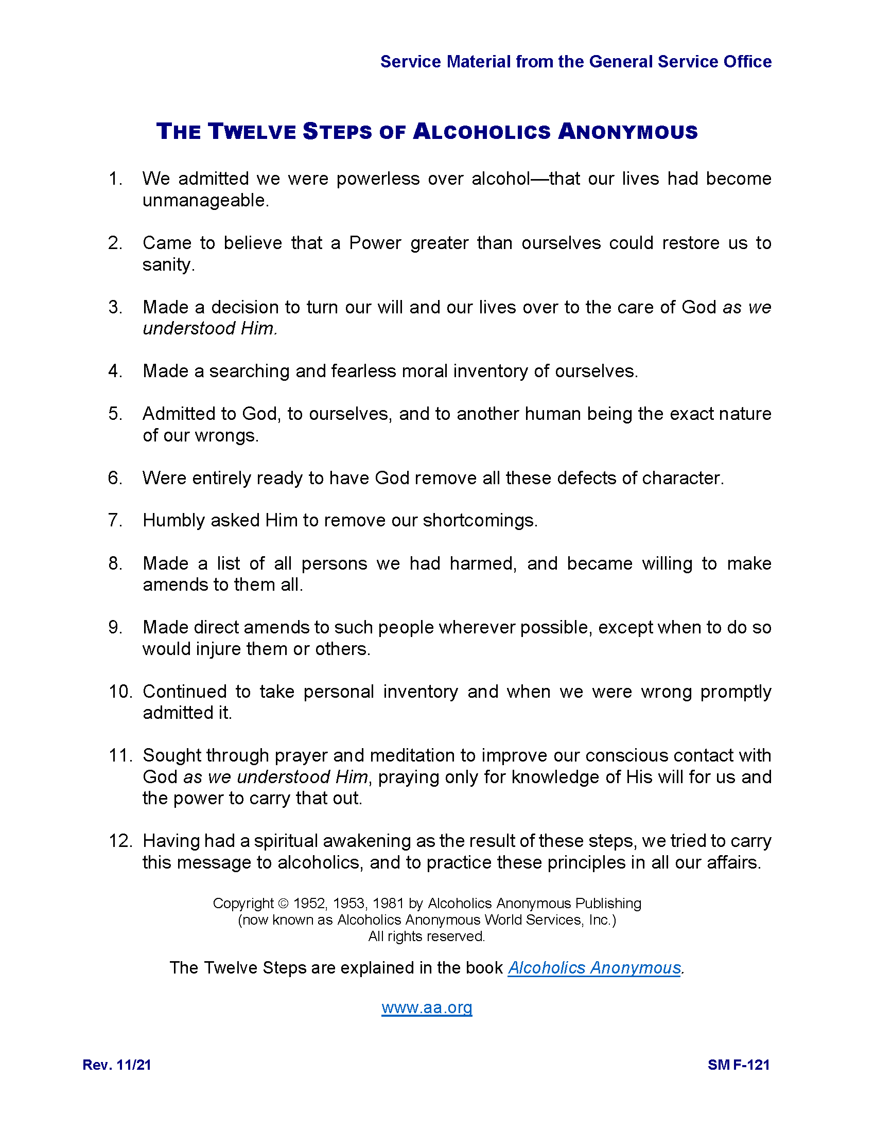 The Twelve Steps Of Alcoholics Anonymous Alcoholics Anonymous